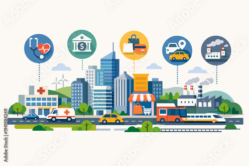 Flat vector illustration of a modern smart city landscape with a network of online services including healthcare, banking, retail, transportation, and industry icons above urban buildings.