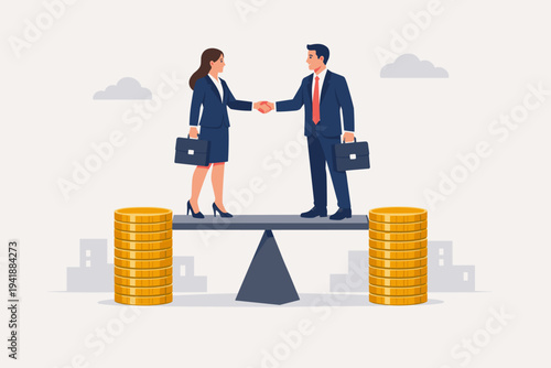 Professional businessman and businesswoman shaking hands on a balanced seesaw with equal stacks of gold coins, symbolizing gender pay equality, financial parity, and fair workplace compensation.