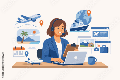 Professional female travel agent with headset booking vacation tours, flights, and cruises online on laptop, flat vector illustration of tourism consultant service with travel icons and globe.