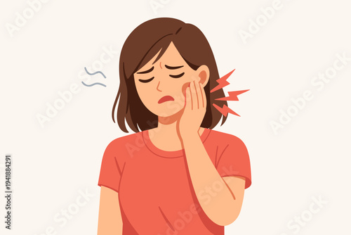 Young Woman Suffering from Severe Toothache Pain Holding Her Swollen Red Cheek with Hand, Dental Health Problem, Oral Care, Cavity and Gum Inflammation Concept, Flat Vector Illustration Design