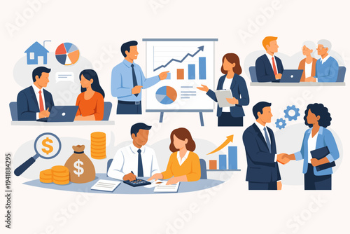 Vector Illustration of Professional Businesspeople Providing Financial Services, Consulting Clients on Investments, Retirement Planning, Team Collaboration, and Successful Business Partnerships.