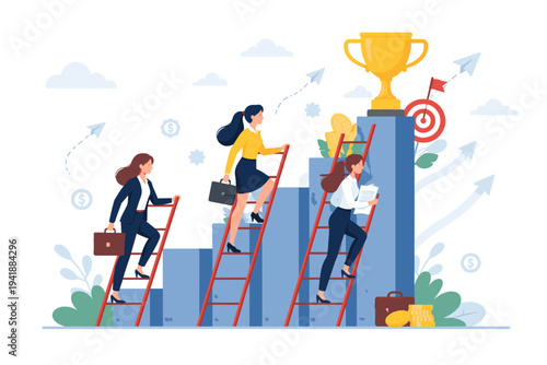 Three ambitious businesswomen climbing ladders up a bar chart towards a golden trophy, representing career growth, competition, and professional success in a modern flat vector illustration.