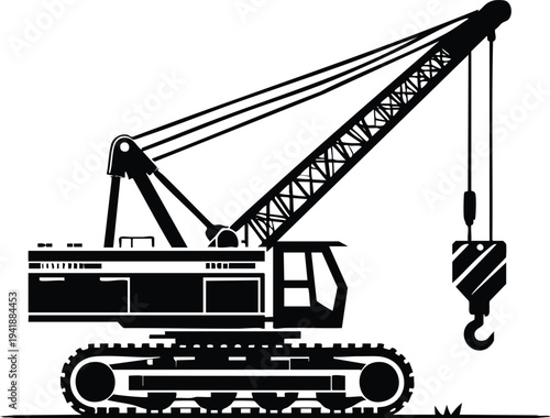 Black and white illustration of a crawler crane a heavy construction machine with a hook for lifting isolated on white background for industrial design