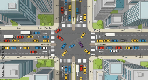 Aerial View of a Busy City Intersection with Traffic.