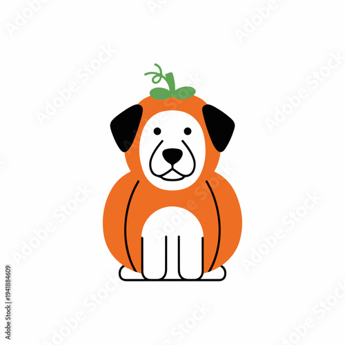 Illustration showing Halloween dog costume, an adorable pup dressed as pumpkin. This festive Halloween dog costume features black ears, a green stem, perfect for holiday celebrations.
