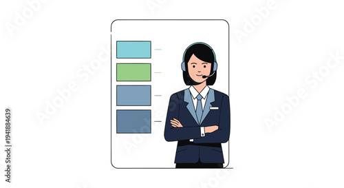 Vector illustration of businesswoman wearing headset with color palette