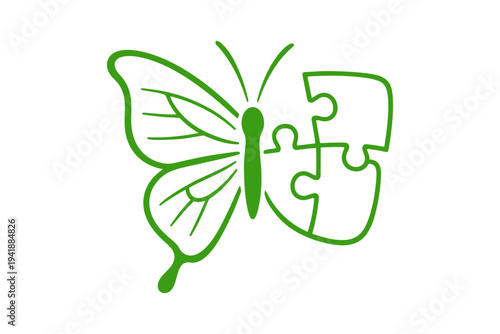 Green butterfly with puzzle piece wing on symbolizing uniqueness  Autism awareness clipart design