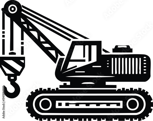 Black and white illustration of a crawler crane a heavy construction machine with a hook for lifting isolated isolated on white background for industrial use