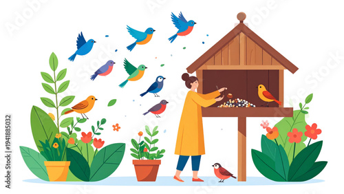 Person Feeding Birds at Backyard Feeder – Sunny Nature Scene Vector
