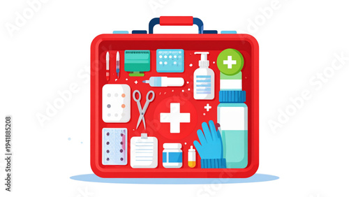 First Aid Kit with Medical Supplies – Flat Vector Illustration
