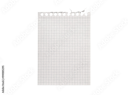 White notebook sheet with square grid pattern, ideal for student sketches, science drafts, and college mathematics work on textured paper with authentic wrinkles.