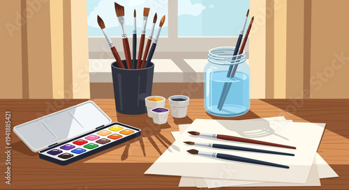 Art Supplies on Wooden Desk by Window - Creative Painting Tools Workspace