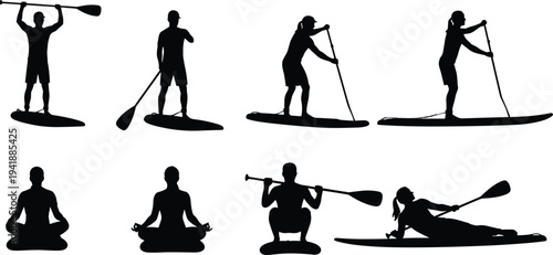 Silhouettes of people practicing paddleboarding and yoga poses on boards, including meditation, paddling, and exercise activities, representing fitness, recreation, and outdoor water sports concepts.