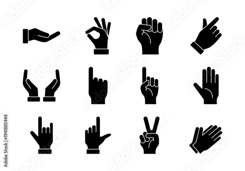 Black Hand Gesture Icon Set Showing Finger Signals Communication And Interaction Symbols