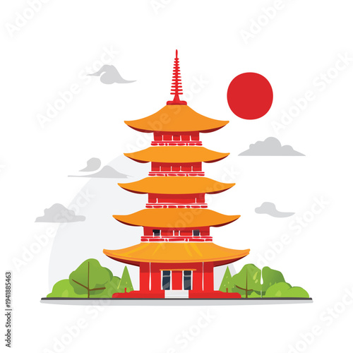 Stylized red and orange pagoda with sun and clouds illustration