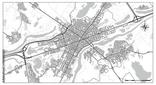 Detailed aerial map showcasing a city with river and infrastructure.