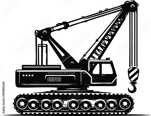 Industrial heavy duty crawler crane with a lifting hook vector illustration on a white background