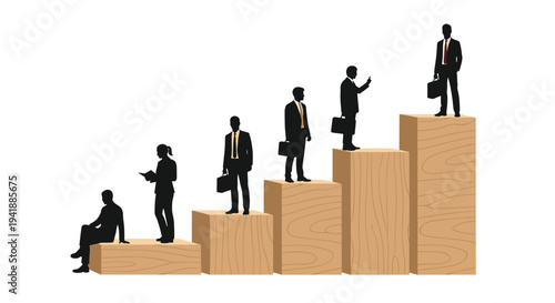 Six dark silhouettes of business professionals are shown ascending a staircase made of light brown wooden blocks on a clean white background.