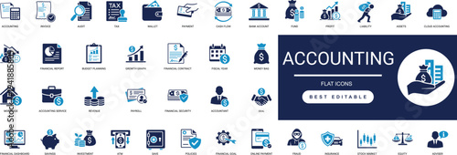 accounting solid icon set. finance, audit, tax, calculator, invoice, financial, budget. editable vector