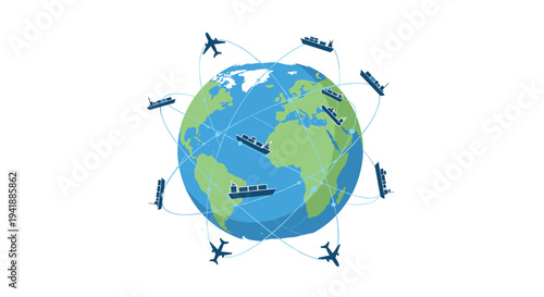 A vibrant blue and green globe with dark blue cargo ships and airplanes circling it along solid connecting lines is depicted on a white background.