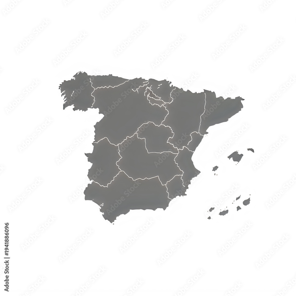 Fototapeta premium Gray map of Spain with regions and white outlines on white background