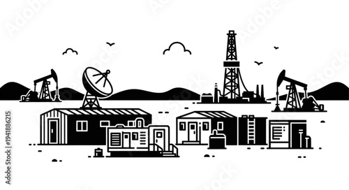 Oil rig and pumpjack in an industrial landscape with buildings and satellite dish.