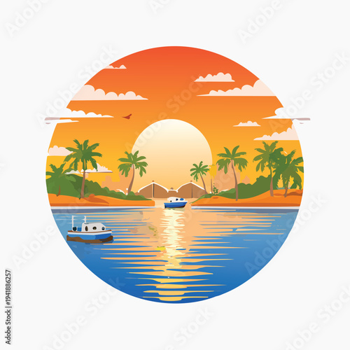 Sunset over tropical lagoon with boats and palm trees