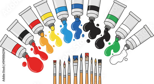 Colorful Paint Tubes and Art Brushes with Paint Splashes