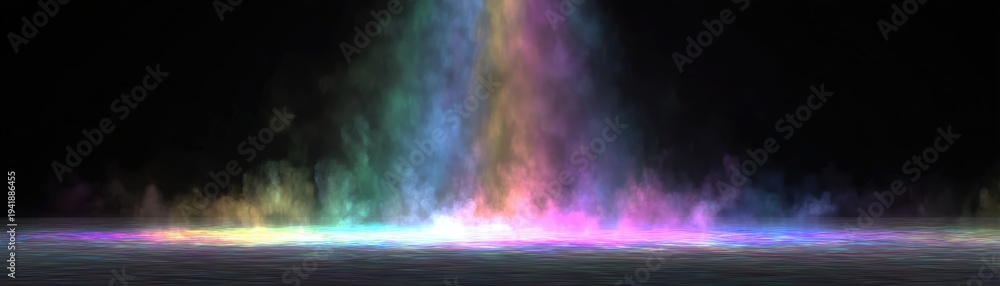 Fototapeta premium A vibrant, multicolored light beam shines down onto a rippling water surface, a mystical and ethereal atmosphere with glowing reflections, world crisis, blurred background