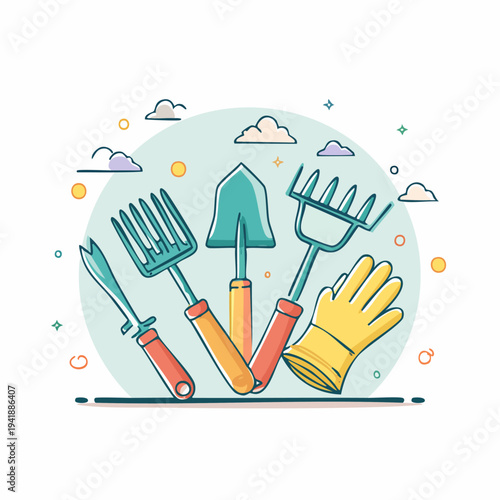 Gardening Tools and Gloves Illustration Set.