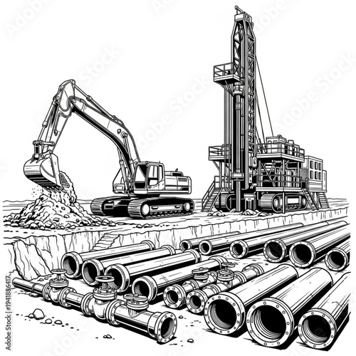 Industrial construction site with excavator and drilling rig.