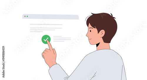 Vector illustration of a man interacting with a green checkmark button