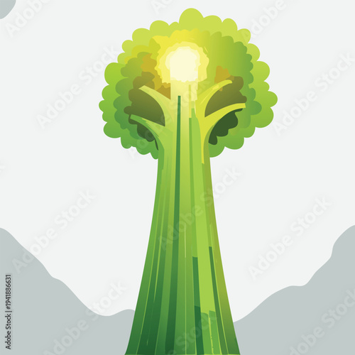 Stylized green tree illustration with bright sunlight beaming through