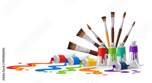 Colorful Paint Tubes and Brushes Spilling Bright Colors on White Surface