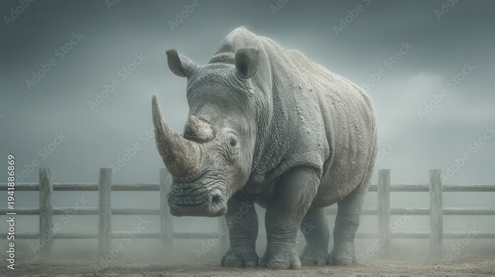 Fototapeta premium Rhino standing confidently in front of a steel wall, symbolizing strength and resilience against obstacles.