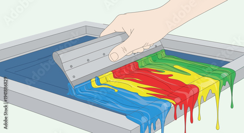 Colorful Screen Printing Process with Squeegee and Multiple Inks