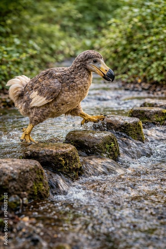 Dodo Bird Walking Across Water Stones