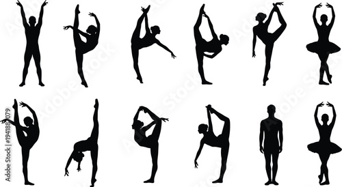 Silhouettes of dancers performing ballet and acrobatic poses, showcasing flexibility, balance, and grace, representing artistic movement, fitness, and expressive dance illustration 