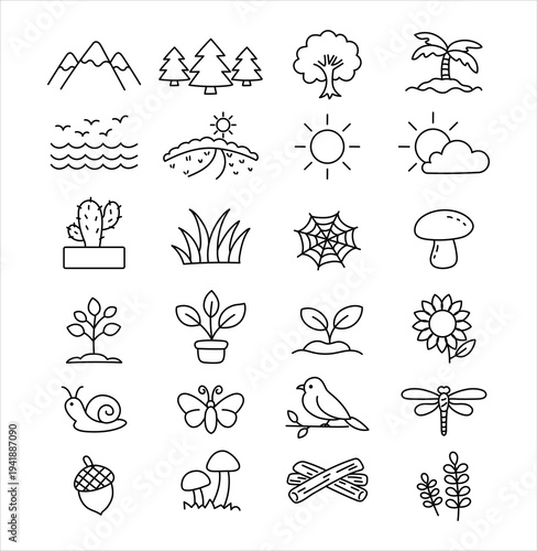 Nature Elements Icon Collection. Tree Leaf Bird Butterfly Mushroom. Forest Plants Animals Symbols