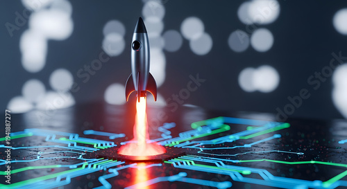 Futuristic rocket launching from a glowing circuit board representing technology startup innovation and space exploration with a bokeh background