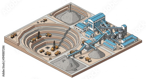 Isometric illustration of an industrial facility with conveyor belts and machinery.