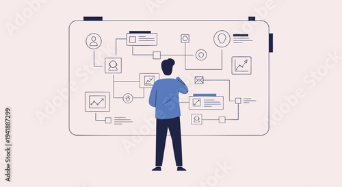 Vector illustration of man interacting with flowchart diagram