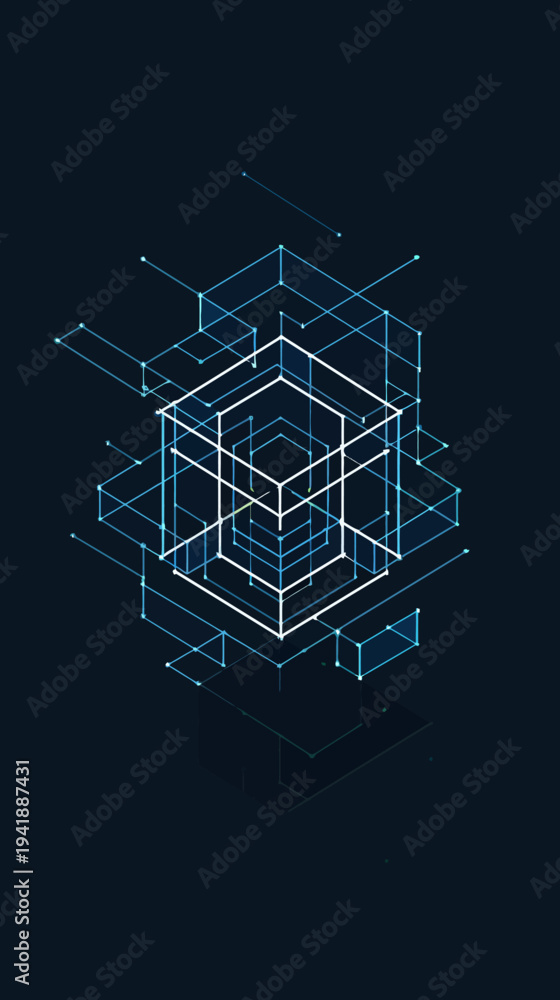 Fototapeta premium Abstract geometric 3 d cube illustration with lines and dots on dark background
