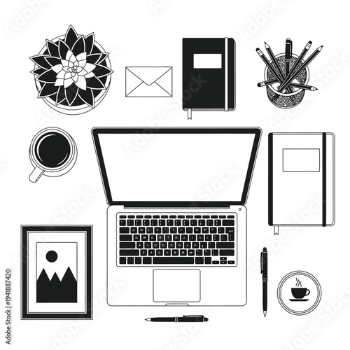 Flat lay illustration of a modern home office desk with laptop, plant, and coffee