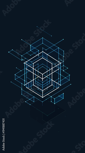 Abstract geometric 3 d cube illustration with lines and dots on dark background