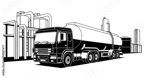 Black and white tanker truck at industrial facility.