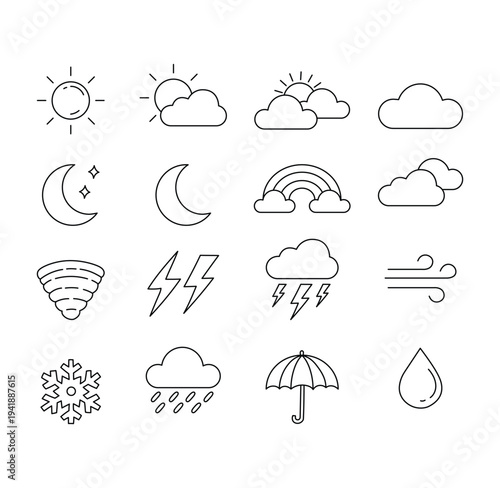 Weather Icon Set.  Sun, Cloud, Rain, Snow, Storm Flat Line Icons. Weather Pack