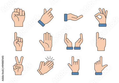 Colored Hand Gesture Icon Collection With Finger Signs Communication And Human Interaction