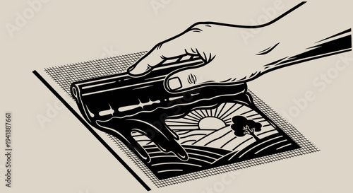 Hand Silkscreen Printing Artistic Sunrise Landscape Design on Paper