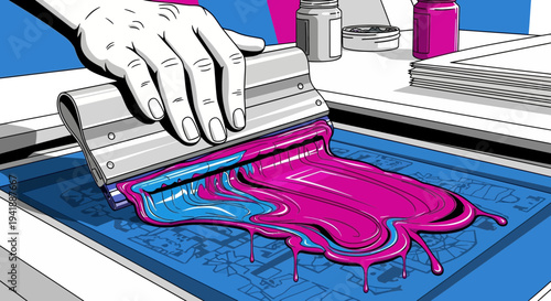 Hand Pressing Squeegee with Vibrant Ink on Screen Printing Frame